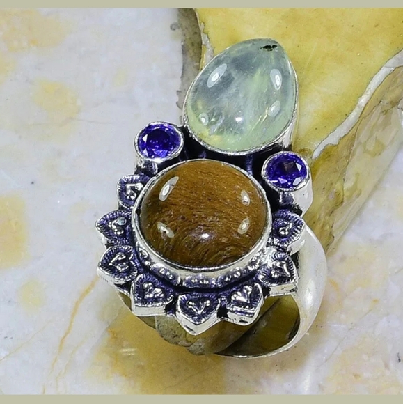 New Golden Rutile, Tiger Eye and Amethyst 925 Silver Ring. - Picture 6 of 9